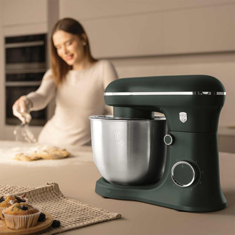 Product image of Kitchen machine. Part of the Matte Green Collection . Features: • Material: stainless steel, plastic • 1500 W, 220-240V, 50/60 Hz • Include: • 18/10 stainless steel bowl 5L • Non-stick dough hook • Non-stick bea.... (Studio view). Official Berlinger Haus product, boosted by Promintra sl.