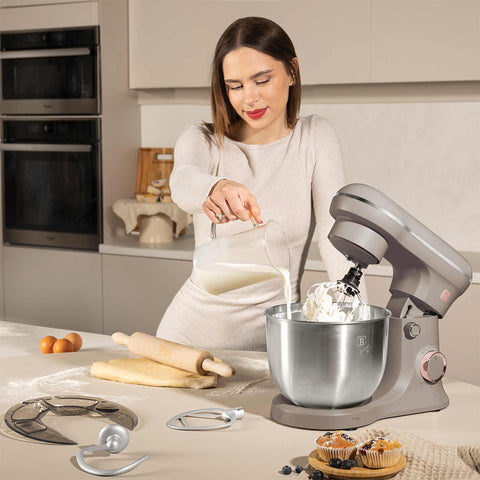Product image of Kitchen machine. Part of the Taupe Collection . Features: • Material: stainless steel, plastic • 1500 W, 220-240V, 50/60 Hz • Include: • 18/10 stainless steel bowl 5L • Non-stick dough hook • Non-stick bea.... (Studio view). Official Berlinger Haus product, boosted by Promintra sl.
