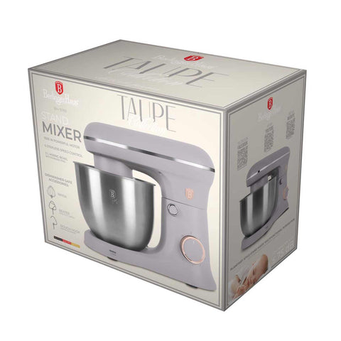 Product image of Kitchen machine. Part of the Taupe Collection . Features: • Material: stainless steel, plastic • 1500 W, 220-240V, 50/60 Hz • Include: • 18/10 stainless steel bowl 5L • Non-stick dough hook • Non-stick bea.... (Studio view). Official Berlinger Haus product, boosted by Promintra sl.