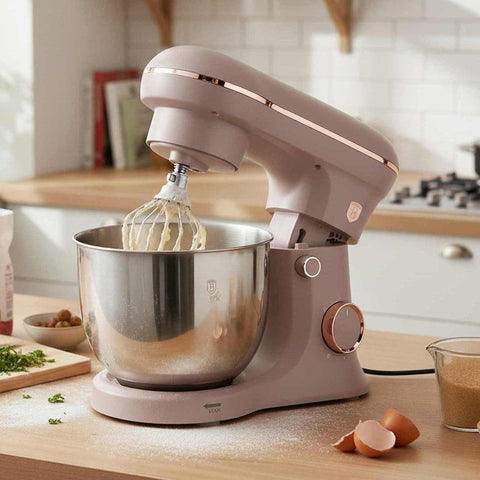Product image of Kitchen machine. Part of the Taupe Collection . Features: • Material: stainless steel, plastic • 1500 W, 220-240V, 50/60 Hz • Include: • 18/10 stainless steel bowl 5L • Non-stick dough hook • Non-stick bea.... (Studio view). Official Berlinger Haus product, boosted by Promintra sl.