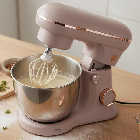 Product image of Kitchen machine. Part of the Taupe Collection . Features: • Material: stainless steel, plastic • 1500 W, 220-240V, 50/60 Hz • Include: • 18/10 stainless steel bowl 5L • Non-stick dough hook • Non-stick bea.... (Studio view). Official Berlinger Haus product, boosted by Promintra sl.