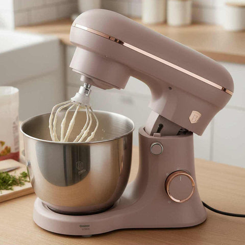 Product image of Kitchen machine. Part of the Taupe Collection . Features: • Material: stainless steel, plastic • 1500 W, 220-240V, 50/60 Hz • Include: • 18/10 stainless steel bowl 5L • Non-stick dough hook • Non-stick bea.... (Studio view). Official Berlinger Haus product, boosted by Promintra sl.