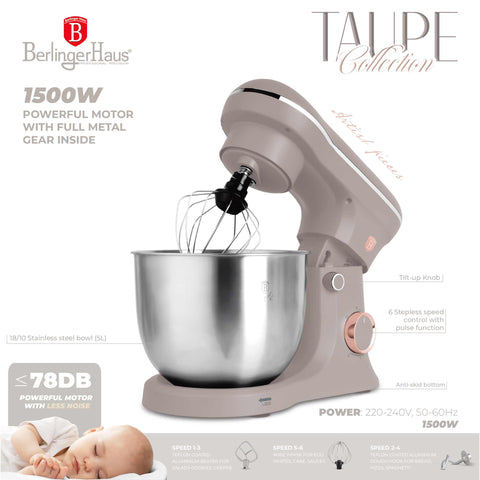 Product image of Kitchen machine. Part of the Taupe Collection . Features: • Material: stainless steel, plastic • Rated input power: 600 W • 220-240V, 50/60 Hz • Include: • 18/10 stainless steel bowl 5L • Non-stick dough h.... (Studio view). Official Berlinger Haus product, boosted by Promintra sl.