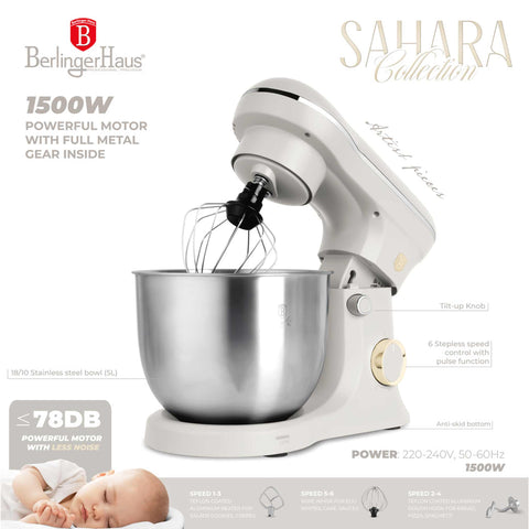 Product image of Kitchen machine. Part of the Sahara Collection . Features: • Material: stainless steel, plastic • 1500 W, 220-240V, 50/60 Hz • Include: • 18/10 stainless steel bowl 5L • Non-stick dough hook • Non-stick bea.... (Studio view). Official Berlinger Haus product, boosted by Promintra sl.