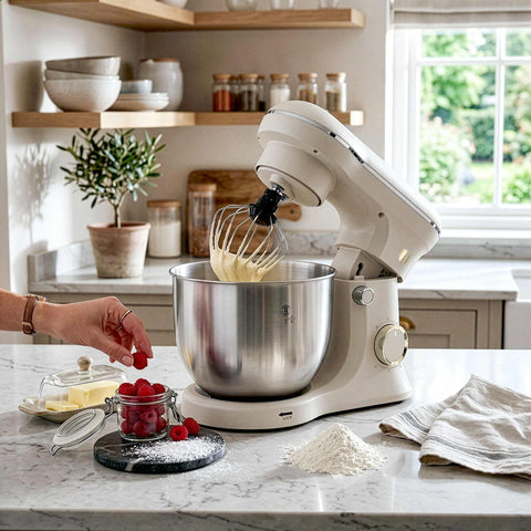 Product image of Kitchen machine. Part of the Sahara Collection . Features: • Material: stainless steel, plastic • 1500 W, 220-240V, 50/60 Hz • Include: • 18/10 stainless steel bowl 5L • Non-stick dough hook • Non-stick bea.... (Studio view). Official Berlinger Haus product, boosted by Promintra sl.
