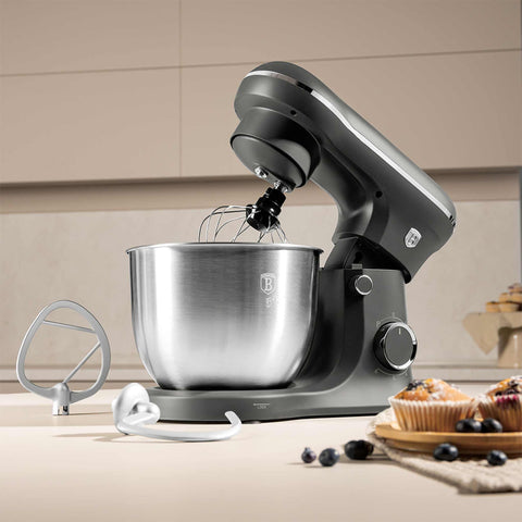 Product image of Kitchen machine. Part of the Anthracite Collection . Features: • Material: stainless steel, plastic • 1500 W, 220-240V, 50/60 Hz • Include: • 18/10 stainless steel bowl 5L • Non-stick dough hook • Non-stick bea.... (Studio view). Official Berlinger Haus product, boosted by Promintra sl.
