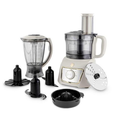 Product image of 8in1 food processor. Part of the Sahara Collection . Features: • Material: stainless steel, plastic • Voltage: 220-240V 50-60Hz • Power: 500W • Included: • stainless steel chopper blade • 2-side stainless steel.... (Studio view). Official Berlinger Haus product, boosted by Promintra sl.