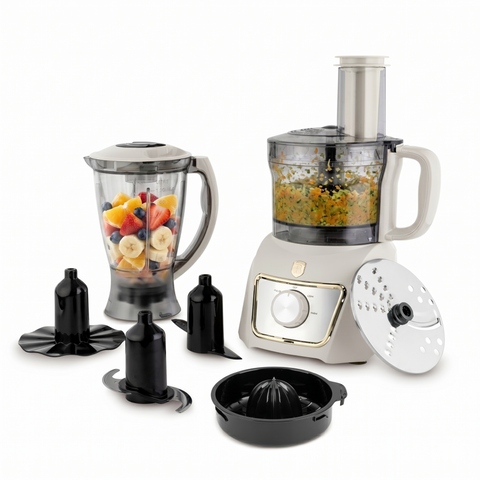 Product image of 8in1 food processor. Part of the Sahara Collection . Features: • Material: stainless steel, plastic • Voltage: 220-240V 50-60Hz • Power: 500W • Included: • stainless steel chopper blade • 2-side stainless steel.... (Studio view). Official Berlinger Haus product, boosted by Promintra sl.