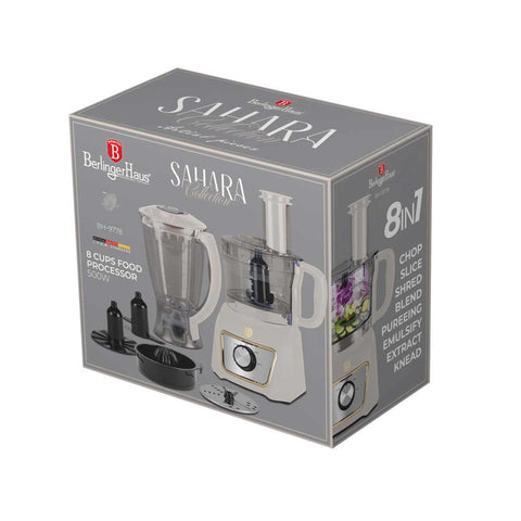 Product image of 8in1 food processor. Part of the Sahara Collection . Features: • Material: stainless steel, plastic • Voltage: 220-240V 50-60Hz • Power: 500W • Included: • stainless steel chopper blade • 2-side stainless steel.... (Studio view). Official Berlinger Haus product, boosted by Promintra sl.