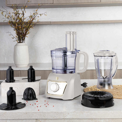 Product image of 8in1 food processor. Part of the Sahara Collection . Features: • Material: stainless steel, plastic • Voltage: 220-240V 50-60Hz • Power: 500W • Included: • stainless steel chopper blade • 2-side stainless steel.... (Studio view). Official Berlinger Haus product, boosted by Promintra sl.