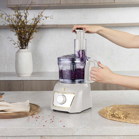Product image of 8in1 food processor. Part of the Sahara Collection . Features: • Material: stainless steel, plastic • Voltage: 220-240V 50-60Hz • Power: 500W • Included: • stainless steel chopper blade • 2-side stainless steel.... (Studio view). Official Berlinger Haus product, boosted by Promintra sl.