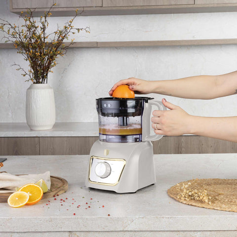 Product image of 8in1 food processor. Part of the Sahara Collection . Features: • Material: stainless steel, plastic • Voltage: 220-240V 50-60Hz • Power: 500W • Included: • stainless steel chopper blade • 2-side stainless steel.... (Studio view). Official Berlinger Haus product, boosted by Promintra sl.