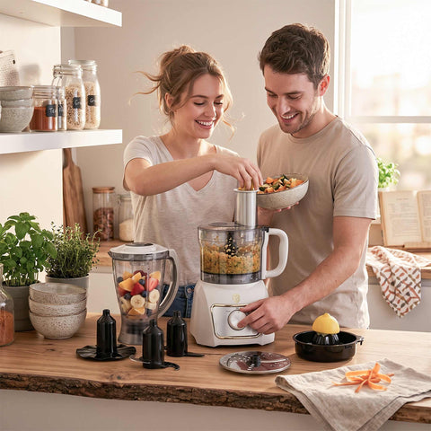 Product image of 8in1 food processor. Part of the Sahara Collection . Features: • Material: stainless steel, plastic • Voltage: 220-240V 50-60Hz • Power: 500W • Included: • stainless steel chopper blade • 2-side stainless steel.... (Studio view). Official Berlinger Haus product, boosted by Promintra sl.
