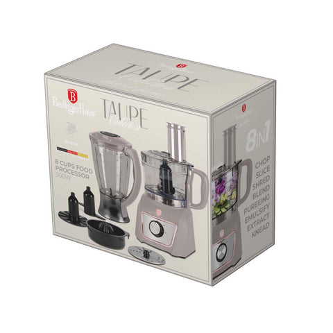 Product image of 8in1 food processor. Part of the Taupe Collection . Features: • Material: stainless steel, plastic • Voltage: 220-240V 50-60Hz • Power: 500W • Included: • stainless steel chopper blade • 2-side stainless steel.... (Conceptual view). Official Berlinger Haus product, boosted by Promintra sl.