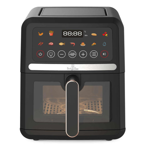 Product image of Air fryer 5L visible window. Part of the Black Rose Collection . Features: • Power: 220-240V, 50/60Hz 1500W • Temperature control: 40-200℃ • XL SIZE: food basket with non-stick coating 5L • DIGITAL • Size: 26*32,4*30,6 cm .... (Studio view). Official Berlinger Haus product, boosted by Promintra sl.