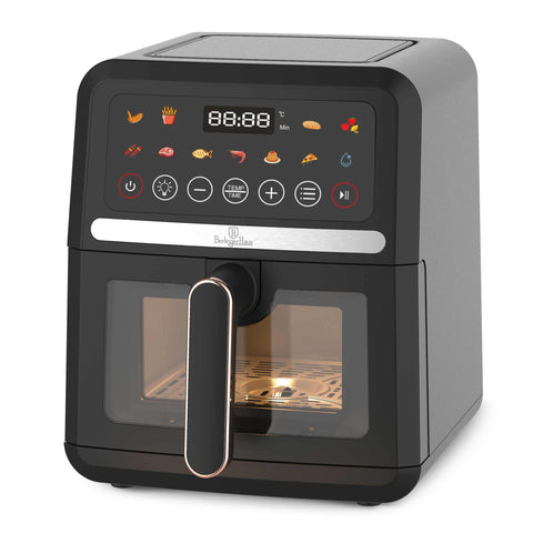 Product image of Air fryer 5L visible window. Part of the Black Rose Collection . Features: • Power: 220-240V, 50/60Hz 1500W • Temperature control: 40-200℃ • XL SIZE: food basket with non-stick coating 5L • DIGITAL • Size: 26*32,4*30,6 cm .... (Studio view). Official Berlinger Haus product, boosted by Promintra sl.