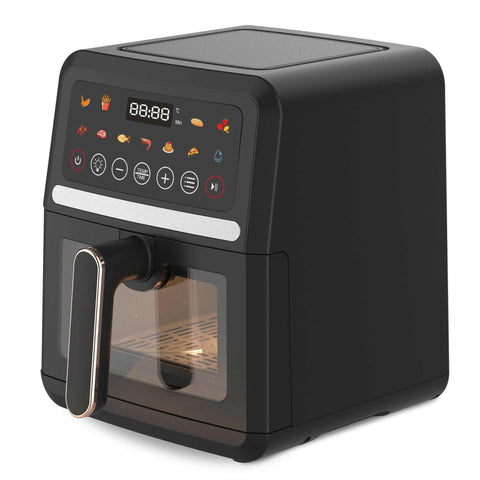 Product image of Air fryer 5L visible window. Part of the Black Rose Collection . Features: • Power: 220-240V, 50/60Hz 1500W • Temperature control: 40-200℃ • XL SIZE: food basket with non-stick coating 5L • DIGITAL • Size: 26*32,4*30,6 cm .... (Studio view). Official Berlinger Haus product, boosted by Promintra sl.