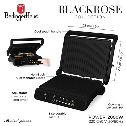 Product image of Electric grill with oil drip pan. Part of the Black Rose Collection . Features: • Power: 2000W • Voltage: 220-240V 50/60 Hz • Plate size: 29*23 cm • NON-STICK coating plate • Color: black- rose gold • 2 IN 1 2 TYPES OF OPENING. (Studio view). Official Berlinger Haus product, boosted by Promintra sl.