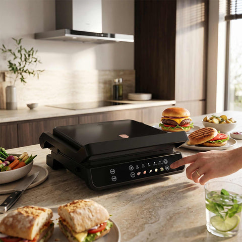 Product image of Electric grill with oil drip pan. Part of the Black Rose Collection . Features: • Power: 2000W • Voltage: 220-240V 50/60 Hz • Plate size: 29*23 cm • NON-STICK coating plate • Color: black- rose gold • 2 IN 1 2 TYPES OF OPENING. (Studio view). Official Berlinger Haus product, boosted by Promintra sl.