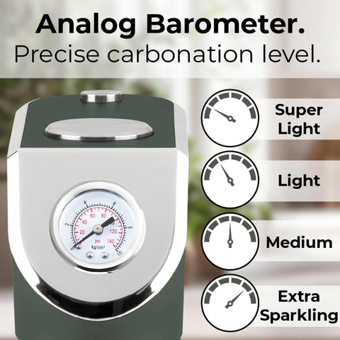 Product image of Soda maker with 2bottles and barometer universal CO2cylinders size. Part of the Matte Green Collection . Features: • Material: stainless steel, pp • Size: 43,5*22*12 cm • 2 pcs pp bottle with cup: 1,0L and 0,5L • Universal, standard CO2 cylinders size (not inclu.... (Studio view). Official Berlinger Haus product, boosted by Promintra sl.