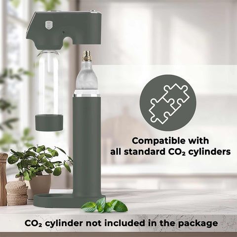 Product image of Soda maker with 2bottles and barometer universal CO2cylinders size. Part of the Matte Green Collection . Features: • Material: stainless steel, pp • Size: 43,5*22*12 cm • 2 pcs pp bottle with cup: 1,0L and 0,5L • Universal, standard CO2 cylinders size (not inclu.... (Studio view). Official Berlinger Haus product, boosted by Promintra sl.