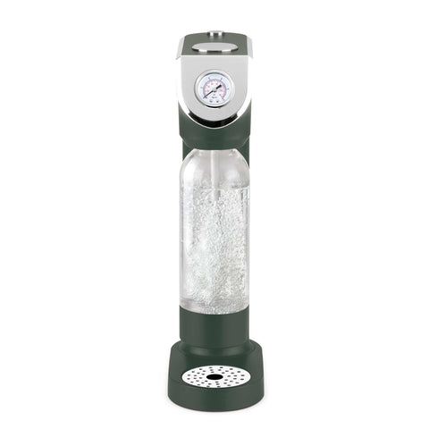 Product image of Soda maker with 2bottles and barometer universal CO2cylinders size. Part of the Matte Green Collection . Features: • Material: stainless steel, pp • Size: 43,5*22*12 cm • 2 pcs pp bottle with cup: 1,0L and 0,5L • Universal, standard CO2 cylinders size (not inclu.... (Studio view). Official Berlinger Haus product, boosted by Promintra sl.