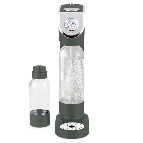 Product image of Soda maker with 2bottles and barometer universal CO2cylinders size. Part of the Matte Green Collection . Features: • Material: stainless steel, pp • Size: 43,5*22*12 cm • 2 pcs pp bottle with cup: 1,0L and 0,5L • Universal, standard CO2 cylinders size (not inclu.... (Studio view). Official Berlinger Haus product, boosted by Promintra sl.