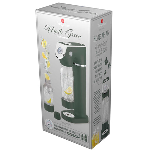 Product image of Soda maker with 2bottles and barometer universal CO2cylinders size. Part of the Matte Green Collection . Features: • Material: stainless steel, pp • Size: 43,5*22*12 cm • 2 pcs pp bottle with cup: 1,0L and 0,5L • Universal, standard CO2 cylinders size (not inclu.... (Studio view). Official Berlinger Haus product, boosted by Promintra sl.