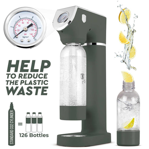 Product image of Soda maker with 2bottles and barometer universal CO2cylinders size. Part of the Matte Green Collection . Features: • Material: stainless steel, pp • Size: 43,5*22*12 cm • 2 pcs pp bottle with cup: 1,0L and 0,5L • Universal, standard CO2 cylinders size (not inclu.... (Studio view). Official Berlinger Haus product, boosted by Promintra sl.