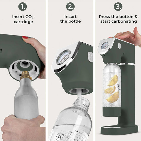 Product image of Soda maker with 2bottles and barometer universal CO2cylinders size. Part of the Matte Green Collection . Features: • Material: stainless steel, pp • Size: 43,5*22*12 cm • 2 pcs pp bottle with cup: 1,0L and 0,5L • Universal, standard CO2 cylinders size (not inclu.... (Studio view). Official Berlinger Haus product, boosted by Promintra sl.
