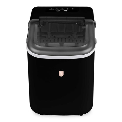 Product image of Ice cube maker. Part of the Black Rose Collection . Features: • Power: 112W • Voltage: 220-240V, 50/60Hz • 1,1L water tank • Accessories: • Ice scoop • Ice basket • Length of power cord: 1,5 m • Color: black- .... (Studio view). Official Berlinger Haus product, boosted by Promintra sl.