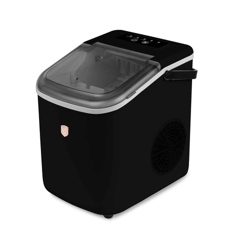 Product image of Ice cube maker. Part of the Black Rose Collection . Features: • Power: 112W • Voltage: 220-240V, 50/60Hz • 1,1L water tank • Accessories: • Ice scoop • Ice basket • Length of power cord: 1,5 m • Color: black- .... (Studio view). Official Berlinger Haus product, boosted by Promintra sl.