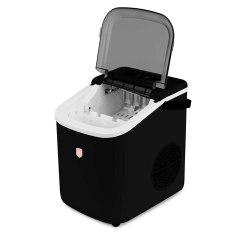Product image of Ice cube maker. Part of the Black Rose Collection . Features: • Power: 112W • Voltage: 220-240V, 50/60Hz • 1,1L water tank • Accessories: • Ice scoop • Ice basket • Length of power cord: 1,5 m • Color: black- .... (Studio view). Official Berlinger Haus product, boosted by Promintra sl.