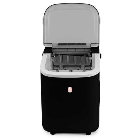Product image of Ice cube maker. Part of the Black Rose Collection . Features: • Power: 112W • Voltage: 220-240V, 50/60Hz • 1,1L water tank • Accessories: • Ice scoop • Ice basket • Length of power cord: 1,5 m • Color: black- .... (Studio view). Official Berlinger Haus product, boosted by Promintra sl.