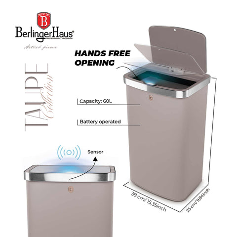 Product image of Sensor bin 60L. Part of the Taupe Collection . Features: • Material: steel • Size: 65*38,5*28,5 cm, 60L • Power: 4 pcs AA battery (not included) • Color: matt taupe. (Studio view). Official Berlinger Haus product, boosted by Promintra sl.