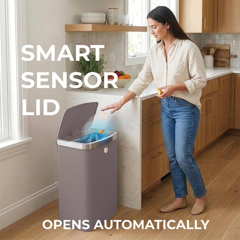 Product image of Sensor bin 60L. Part of the Taupe Collection . Features: • Material: steel • Size: 65*38,5*28,5 cm, 60L • Power: 4 pcs AA battery (not included) • Color: matt taupe. (Studio view). Official Berlinger Haus product, boosted by Promintra sl.
