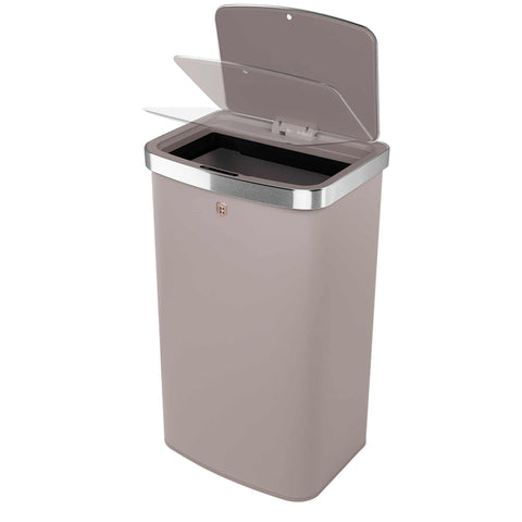 Product image of Sensor bin 60L. Part of the Taupe Collection . Features: • Material: steel • Size: 65*38,5*28,5 cm, 60L • Power: 4 pcs AA battery (not included) • Color: matt taupe. (Studio view). Official Berlinger Haus product, boosted by Promintra sl.