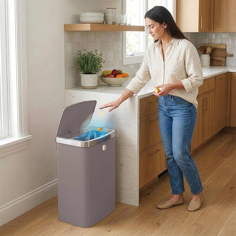 Product image of Sensor bin 60L. Part of the Taupe Collection . Features: • Material: steel • Size: 65*38,5*28,5 cm, 60L • Power: 4 pcs AA battery (not included) • Color: matt taupe. (Studio view). Official Berlinger Haus product, boosted by Promintra sl.