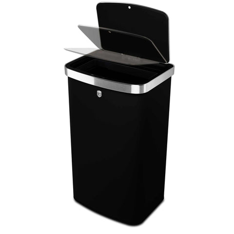 Product image of Sensor bin 60L. Part of the Black Vantage Collection/Matte Black Collection/Black Silver Collection . Features: • Material: steel • Size: 65*38,5*28,5 cm, 60L • Power: 4 pcs AA battery (not included) • Color: matt black. (Studio view). Official Berlinger Haus product, boosted by Promintra sl.