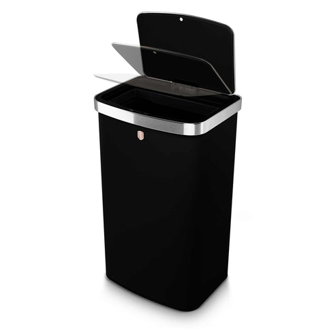 Product image of Sensor bin 60L. Part of the Black Rose Collection . Features: • Material: steel • Size: 65*38,5*28,5 cm, 60L • Power: 4 pcs AA battery (not included) • Color: matt black- rose gold. (Studio view). Official Berlinger Haus product, boosted by Promintra sl.