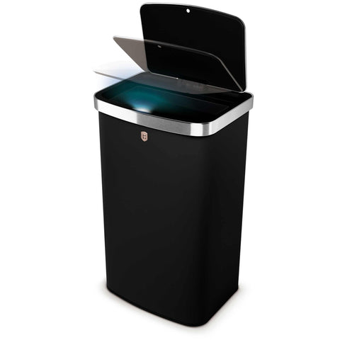 Product image of Sensor bin 60L. Part of the Black Rose Collection . Features: • Material: steel • Size: 65*38,5*28,5 cm, 60L • Power: 4 pcs AA battery (not included) • Color: matt black- rose gold. (Studio view). Official Berlinger Haus product, boosted by Promintra sl.