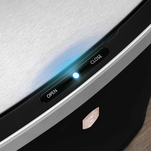 Product image of Sensor bin 60L. Part of the Black Rose Collection . Features: • Material: steel • Size: 65*38,5*28,5 cm, 60L • Power: 4 pcs AA battery (not included) • Color: matt black- rose gold. (Studio view). Official Berlinger Haus product, boosted by Promintra sl.