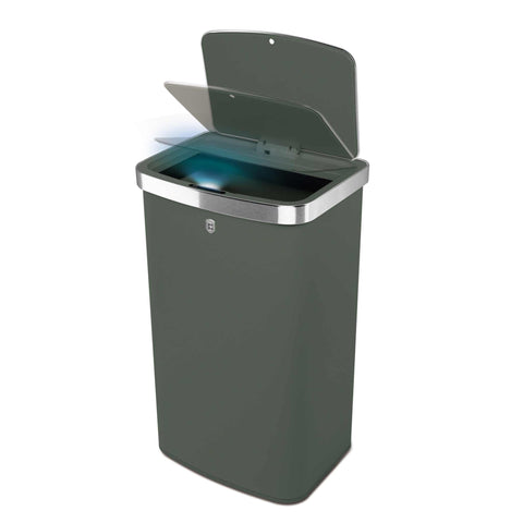Product image of Sensor bin 60L. Part of the Matte Green Collection . Features: • Material: steel • Size: 65*38,5*28,5 cm, 60L • Power: 4 pcs AA battery (not included) • Color: matt green. (Studio view). Official Berlinger Haus product, boosted by Promintra sl.