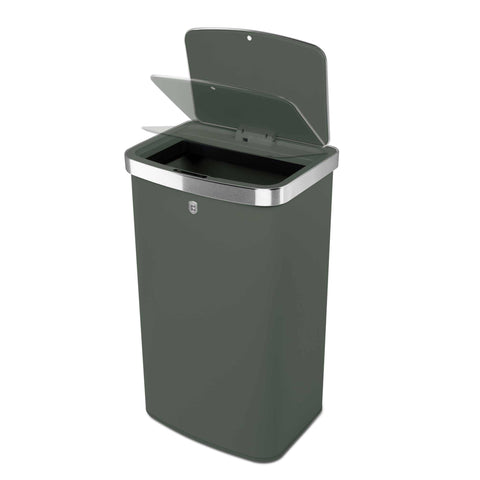 Product image of Sensor bin 60L. Part of the Matte Green Collection . Features: • Material: steel • Size: 65*38,5*28,5 cm, 60L • Power: 4 pcs AA battery (not included) • Color: matt green. (Studio view). Official Berlinger Haus product, boosted by Promintra sl.