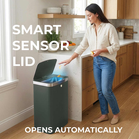 Product image of Sensor bin 60L. Part of the Matte Green Collection . Features: • Material: steel • Size: 65*38,5*28,5 cm, 60L • Power: 4 pcs AA battery (not included) • Color: matt green. (Studio view). Official Berlinger Haus product, boosted by Promintra sl.