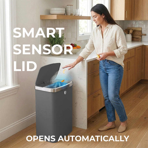 Product image of Sensor bin 60L. Part of the Anthracite Collection . Features: • Material: steel • Size: 65*38,5*28,5 cm, 60L • Power: 4 pcs AA battery (not included) • Color: matt anthracite. (Studio view). Official Berlinger Haus product, boosted by Promintra sl.