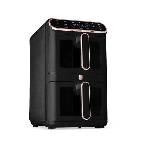 Product image of Dual basket air fryer 5,5+5,5L with visible windows. Part of the Black Rose Collection . Features: • Power: 220-240V ~ 50-60Hz 2460W • Temperature control: 60-200℃ • XXXL SIZE: Capacity: 11L=5,5L+5,5L • Non-stick oil tray and food basket - dishwa.... (Studio view). Official Berlinger Haus product, boosted by Promintra sl.