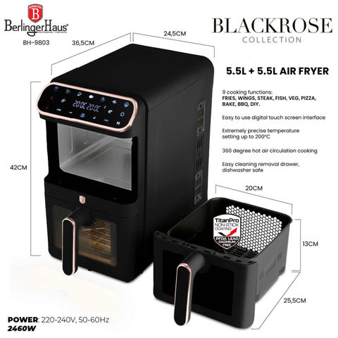 Product image of Dual basket air fryer 5,5+5,5L with visible windows. Part of the Black Rose Collection . Features: • Power: 220-240V ~ 50-60Hz 2460W • Temperature control: 60-200℃ • XXXL SIZE: Capacity: 11L=5,5L+5,5L • Non-stick oil tray and food basket - dishwa.... (Studio view). Official Berlinger Haus product, boosted by Promintra sl.