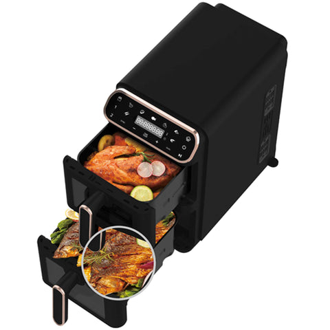 Product image of Dual basket air fryer 5,5+5,5L with visible windows. Part of the Black Rose Collection . Features: • Power: 220-240V ~ 50-60Hz 2460W • Temperature control: 60-200℃ • XXXL SIZE: Capacity: 11L=5,5L+5,5L • Non-stick oil tray and food basket - dishwa.... (Studio view). Official Berlinger Haus product, boosted by Promintra sl.