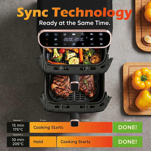 Product image of Dual basket air fryer 5,5+5,5L with visible windows. Part of the Black Rose Collection . Features: • Power: 220-240V ~ 50-60Hz 2460W • Temperature control: 60-200℃ • XXXL SIZE: Capacity: 11L=5,5L+5,5L • Non-stick oil tray and food basket - dishwa.... (Studio view). Official Berlinger Haus product, boosted by Promintra sl.